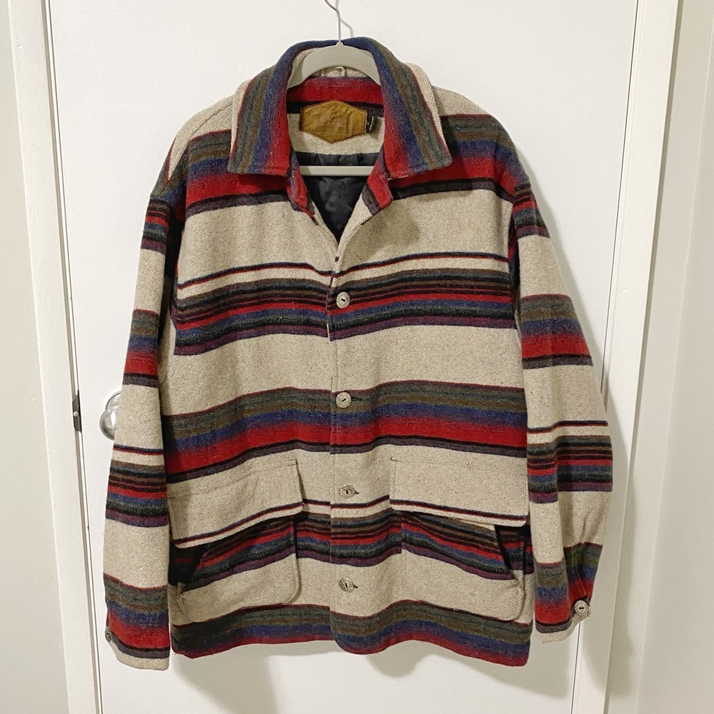 Vintage Woolrich Southwestern Striped Wool Blanket Chore Coat Cream/Red Large